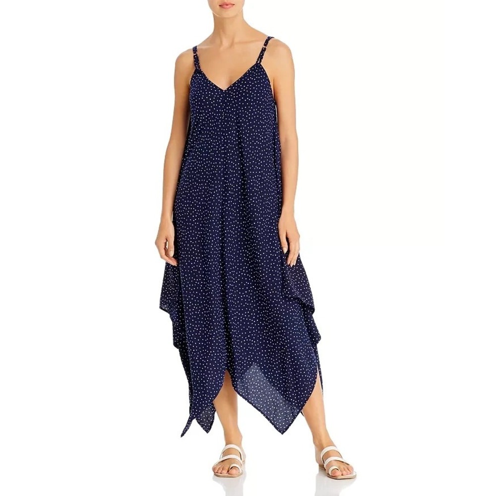 Tommy Bahama Women's L XL Navy Polka Dot Flowy Sea Swell Scarf Dress Resort Cove